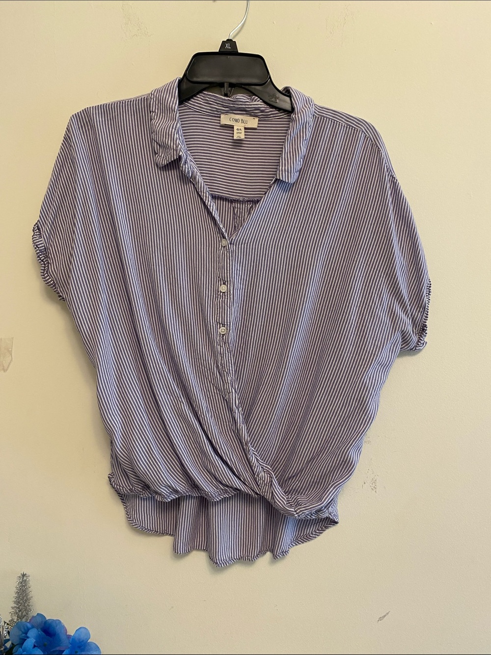 Lightweight Blue-Striped Wrap Hem Women's Blouse - COMO BLU